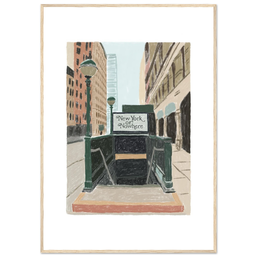 Entree de metro a New York avec architecture urbaine et style artistique doux.