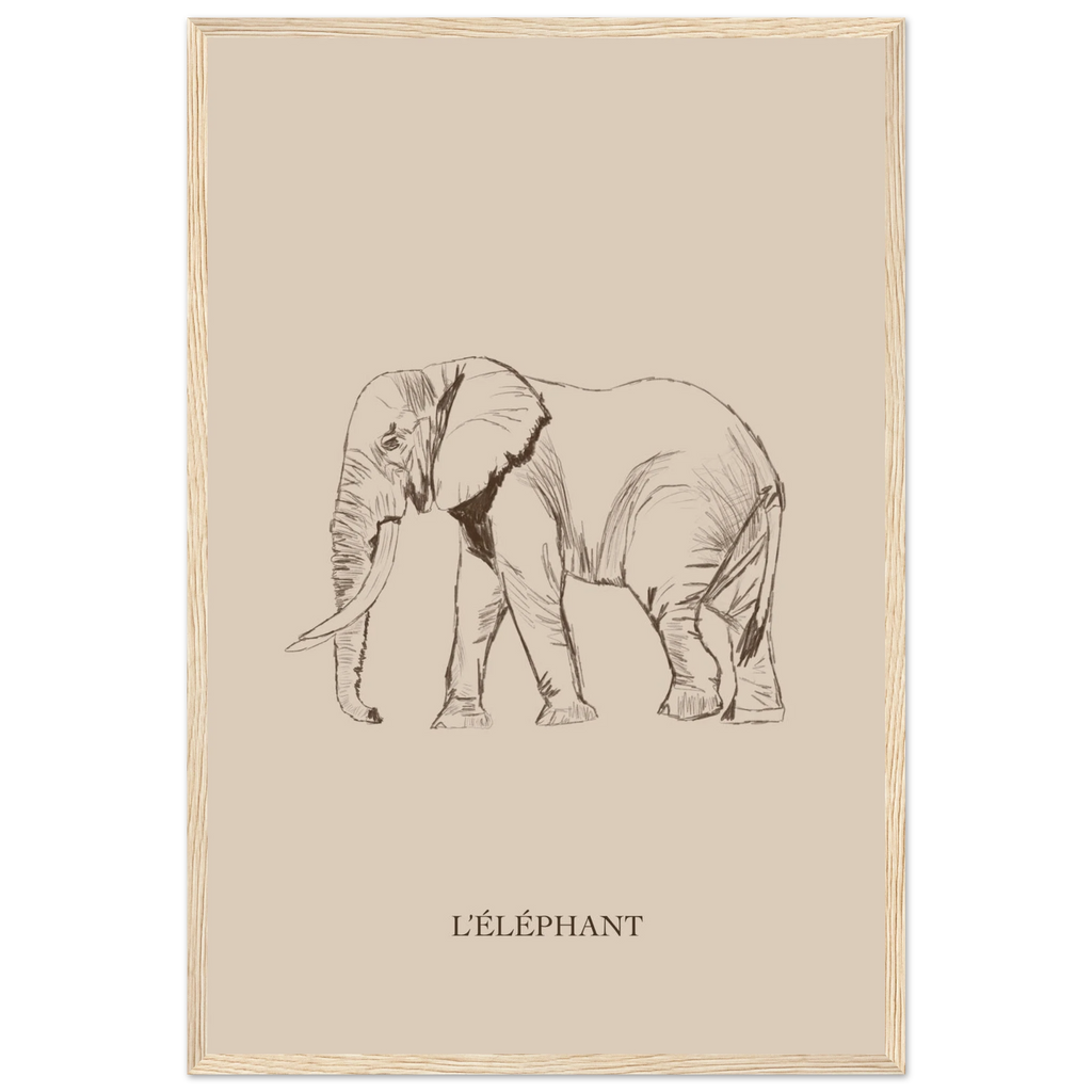 Elephant au trait fin et texture crayon. Deco simple et raffinee.