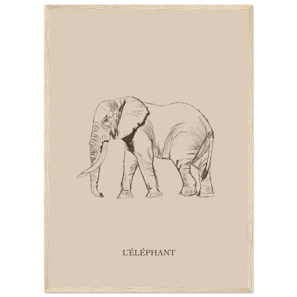 Elephant dessine au crayon avec tons marron naturels. Deco murale douce et elegante.