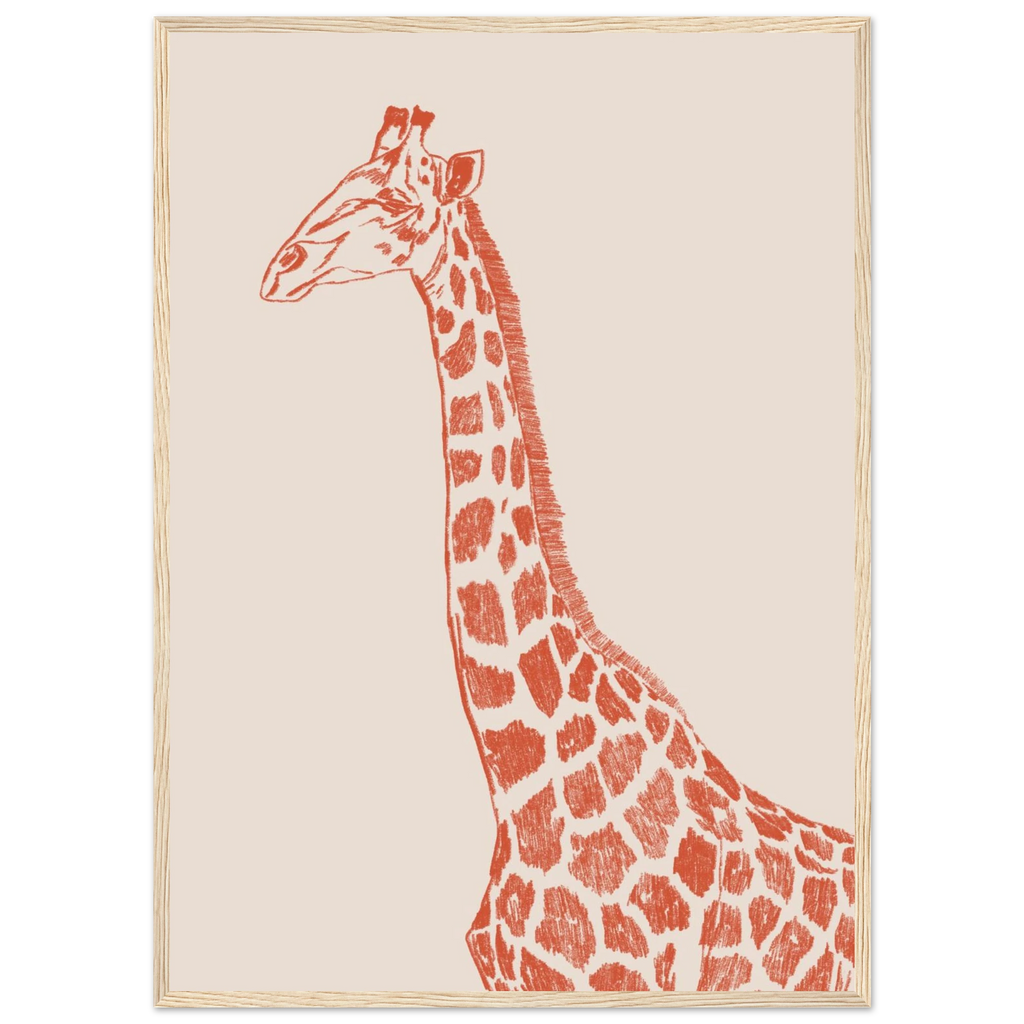 Illustration au crayon d une grande girafe aux tons naturels. Style doux et elegant pour deco murale.