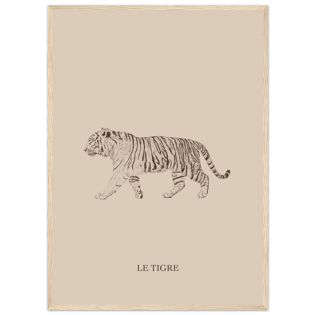 Tigre dessine au crayon avec tons marron naturels. Style doux et elegant pour deco murale.