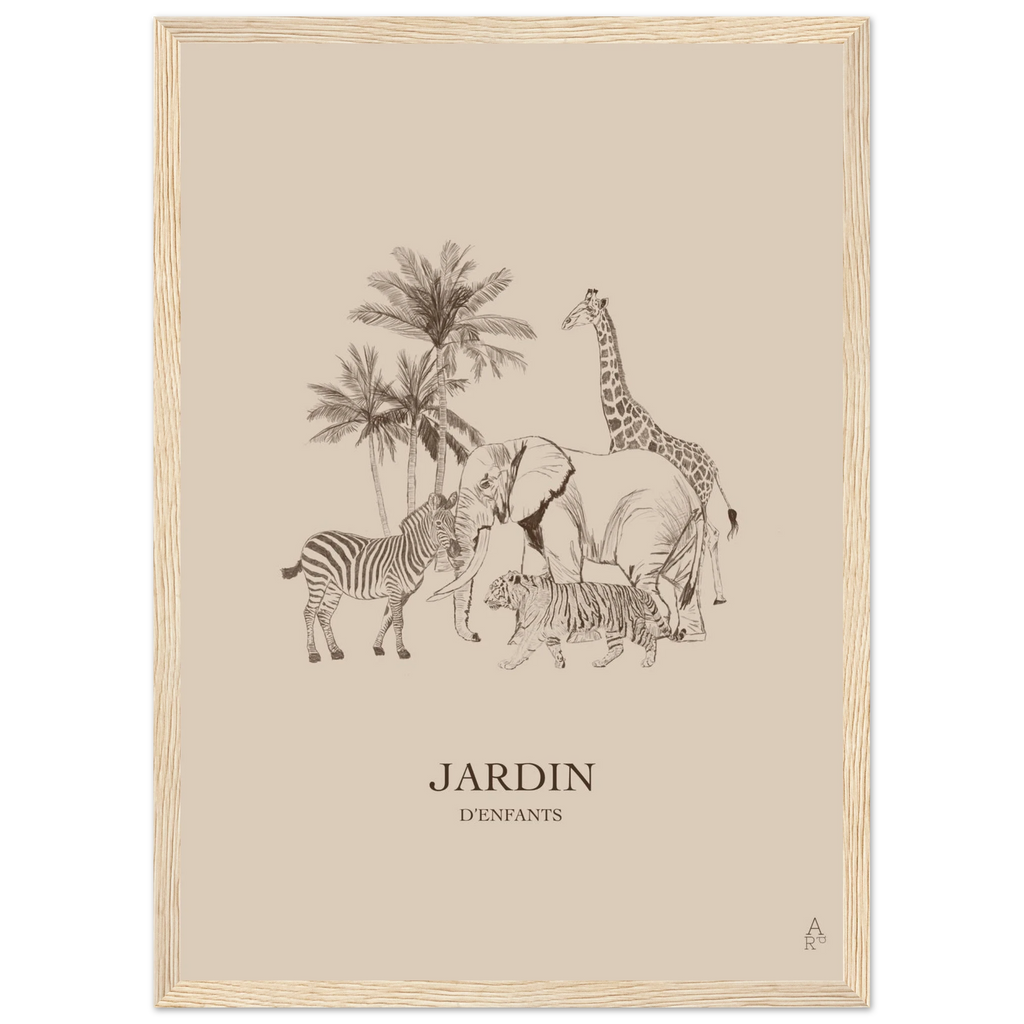 Girafe elephant zebre et tigre en dessin crayon. Ambiance douce et naturelle.