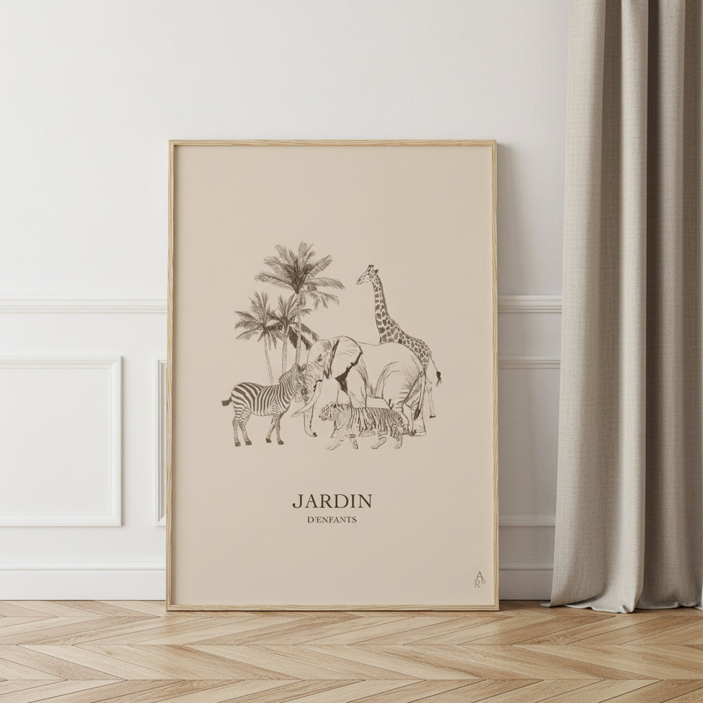 Scene animale au crayon avec tons chaleureux. Deco elegante et intemporelle.
