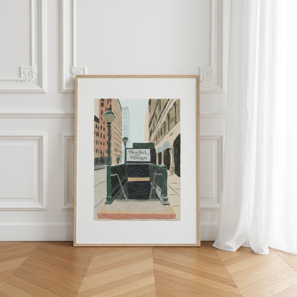 Scene citadine elegante avec immeubles et entree de metro iconique.