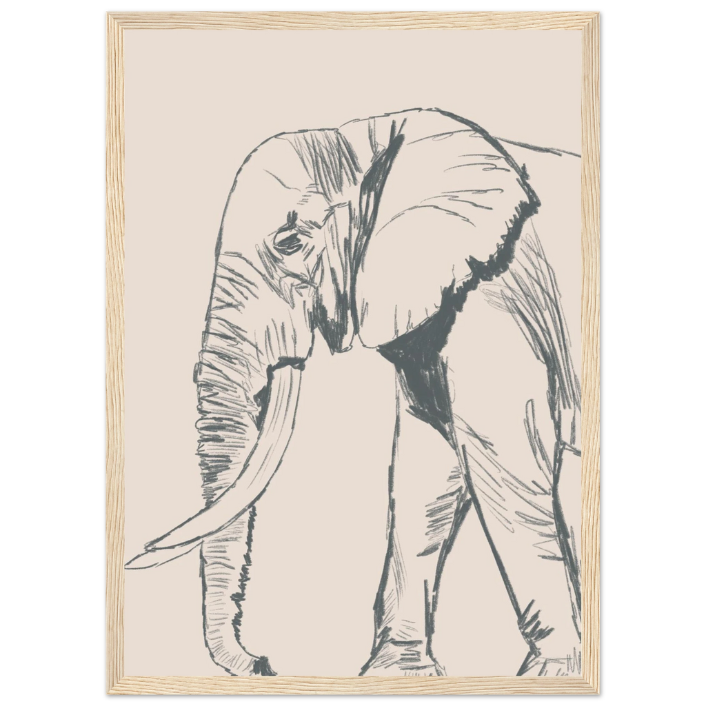 Ce poster encadre represente un elephant dessine au crayon avec des nuances subtiles. Ideal pour une decoration murale tendance inspiree de la nature et de l art animalier.