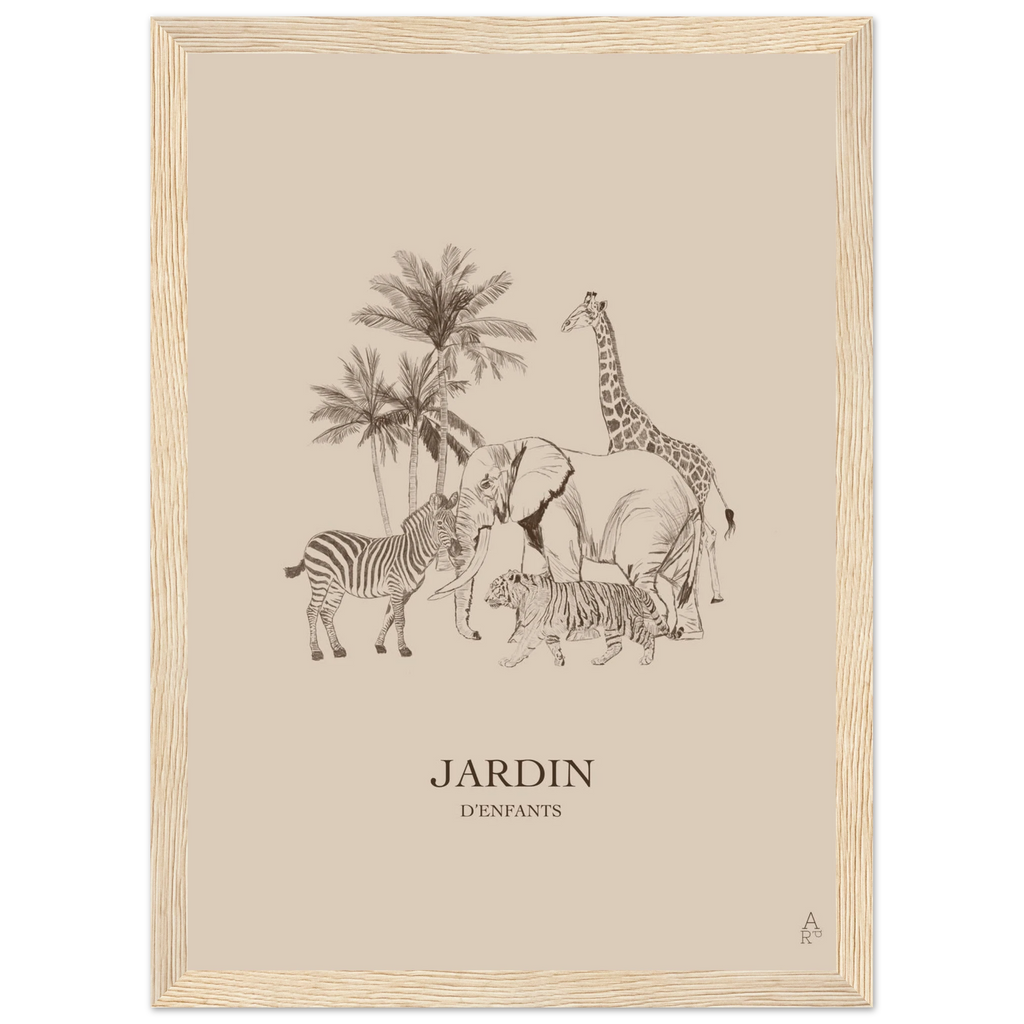 Illustration animaux au crayon sous palmiers. Style tendre et harmonieux.