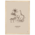 Illustration animaux au crayon sous palmiers. Style tendre et harmonieux.