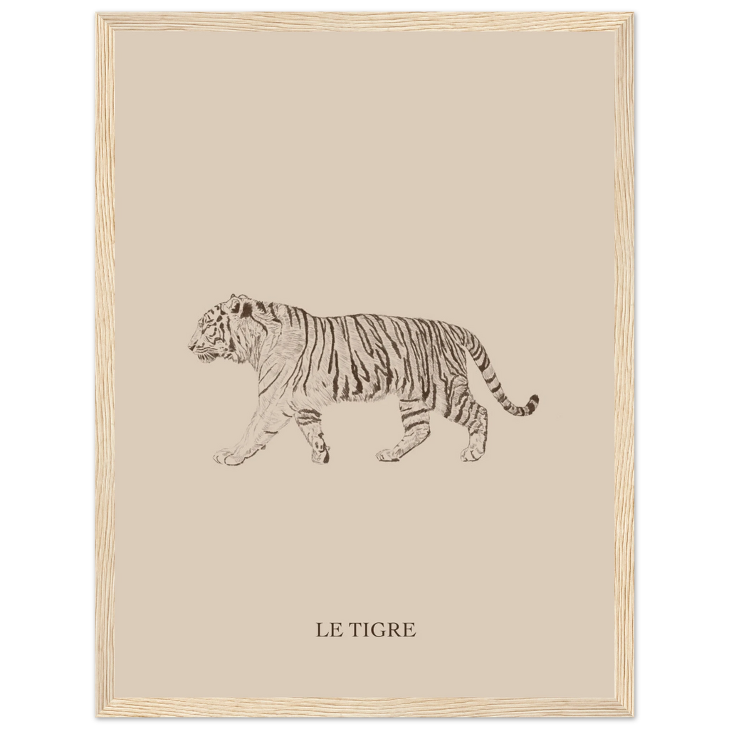 Illustration de tigre au crayon aux teintes chaleureuses. Deco murale apaisante et moderne
