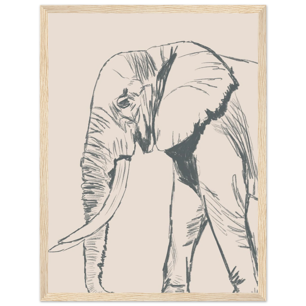 Poster mural avec un elephant dessine au crayon et colore avec finesse. Ideal pour une decoration interieure chic et intemporelle.