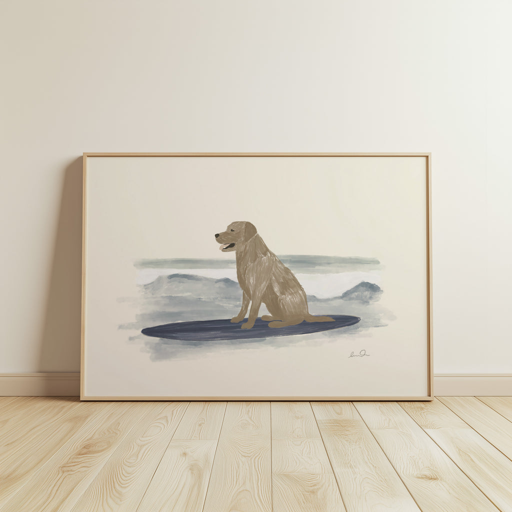 Surfing dog, illustration d'Émilie J. Ouellet – affiche d'art ADR Gallery
