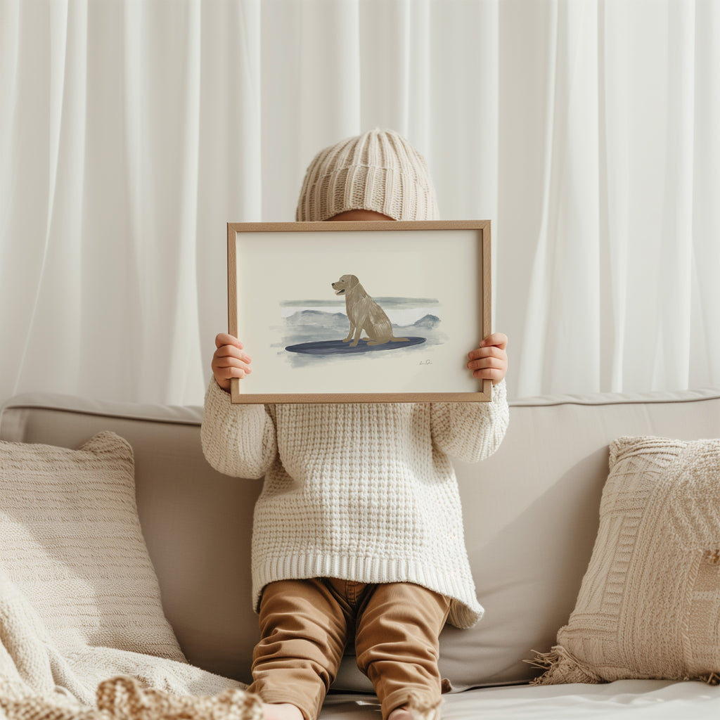 Surfing dog, illustration d'Émilie J. Ouellet – affiche d'art ADR Gallery