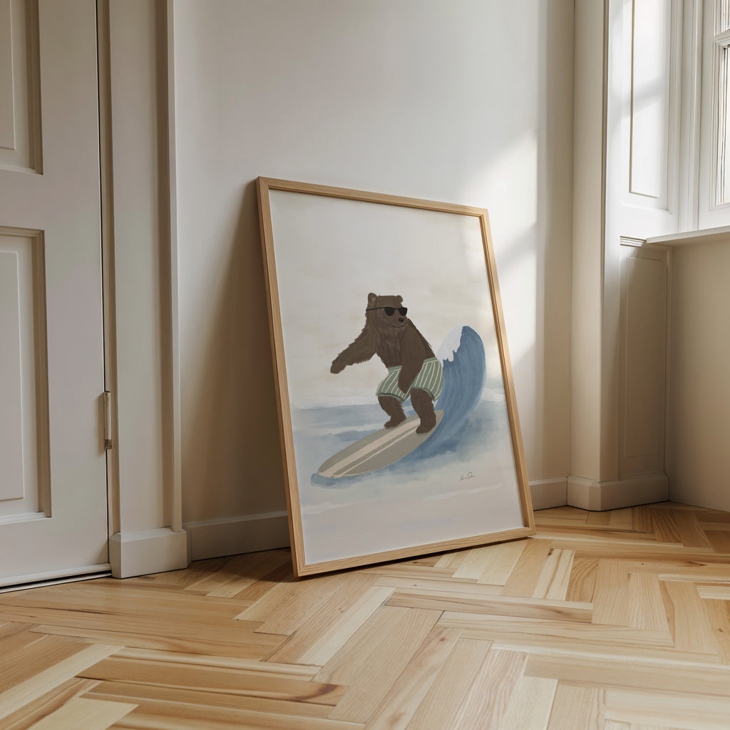 L'ours surfeur, illustration d'Émilie J. Ouellet – affiche d'art ADR Gallery