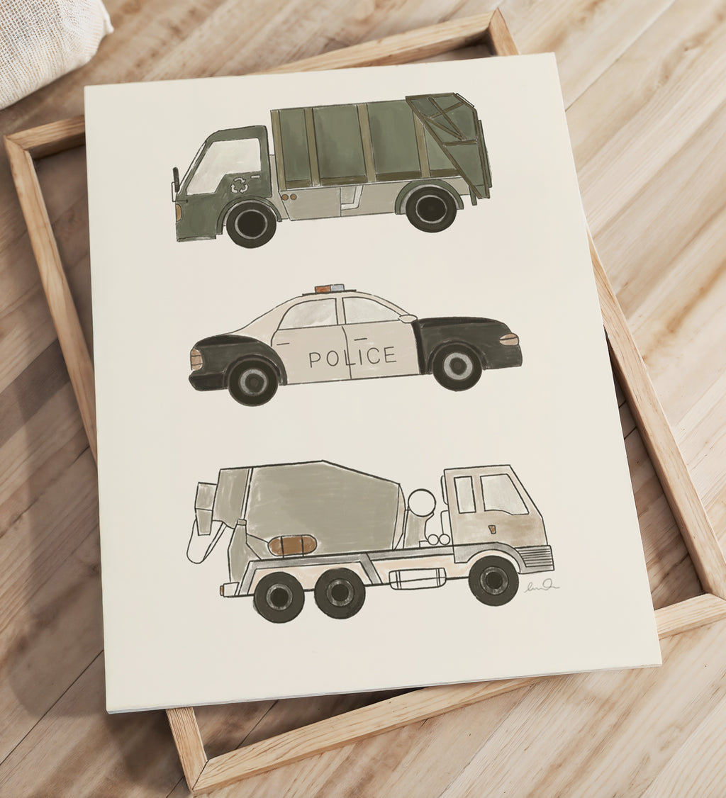 Trucks and car, illustration d'Émilie J. Ouellet – affiche d’art