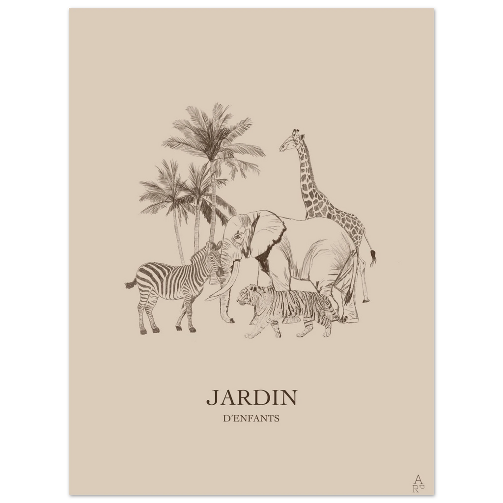 Univers animalier tendre avec girafe, éléphant, zèbre et tigre sous les palmiers.