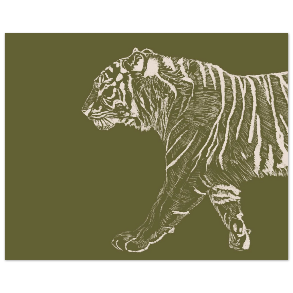 Illustration poétique au crayon signée Aude de Riberolles. Cette affiche tigre vert apporte douceur et élégance à une chambre d’enfant ou un salon nature.