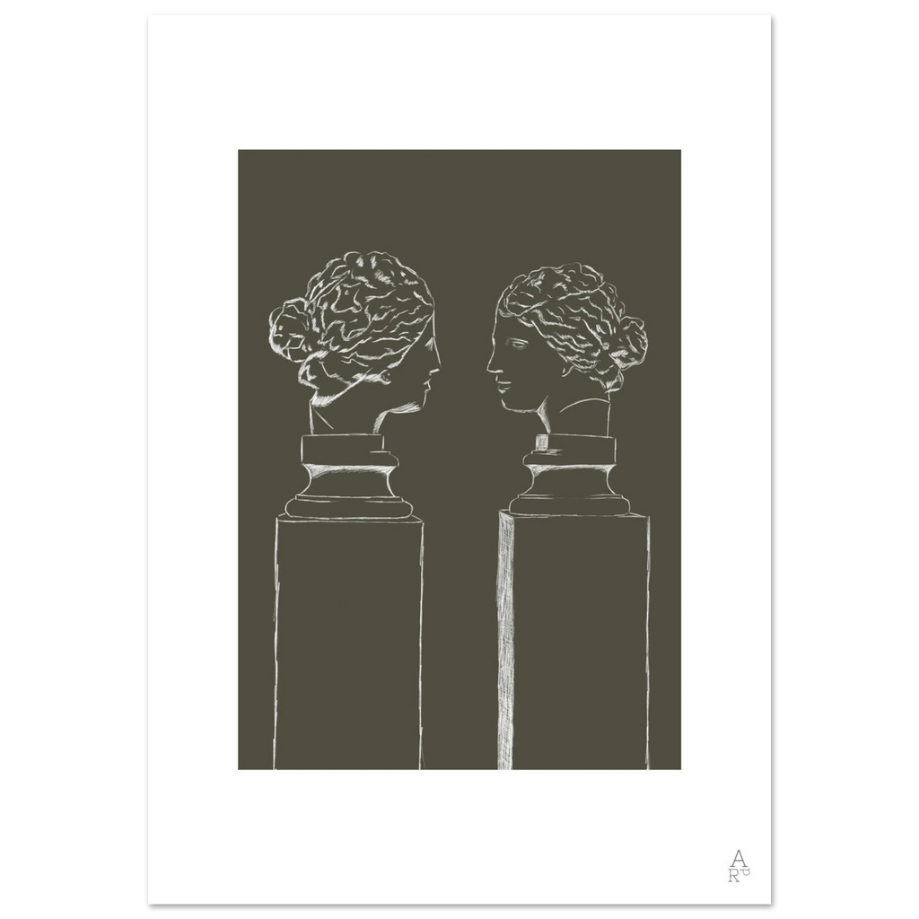 Illustration minimaliste représentant deux bustes inspirés de la sculpture antique dans une composition graphique contemporaine.