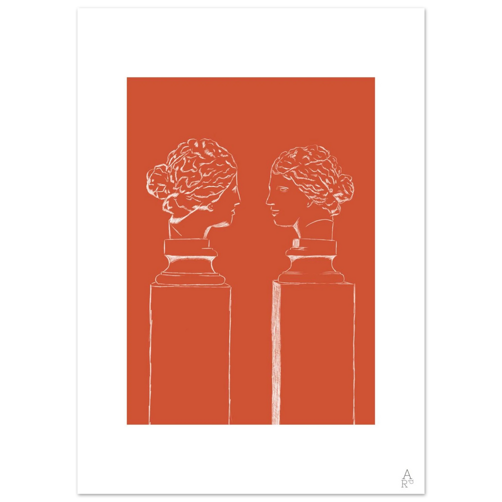 Illustration minimaliste représentant deux bustes inspirés de la sculpture antique sur un fond orange vibrant.