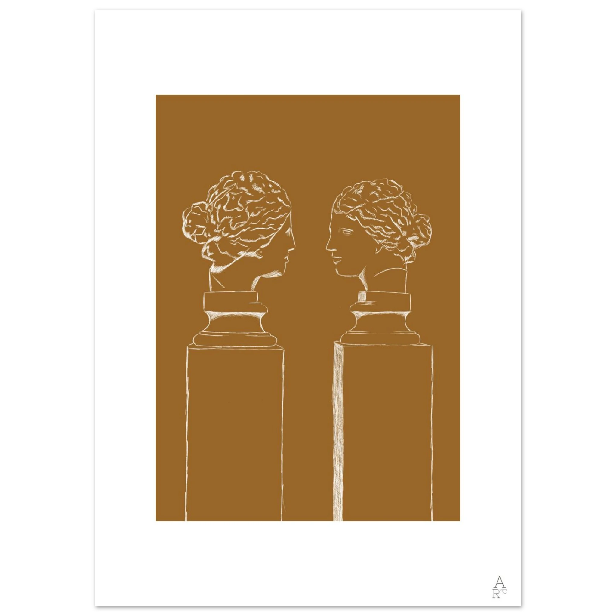 Affiche d’art mural double buste crayon blanc sur fond camel  — idéale pour sublimer votre intérieur