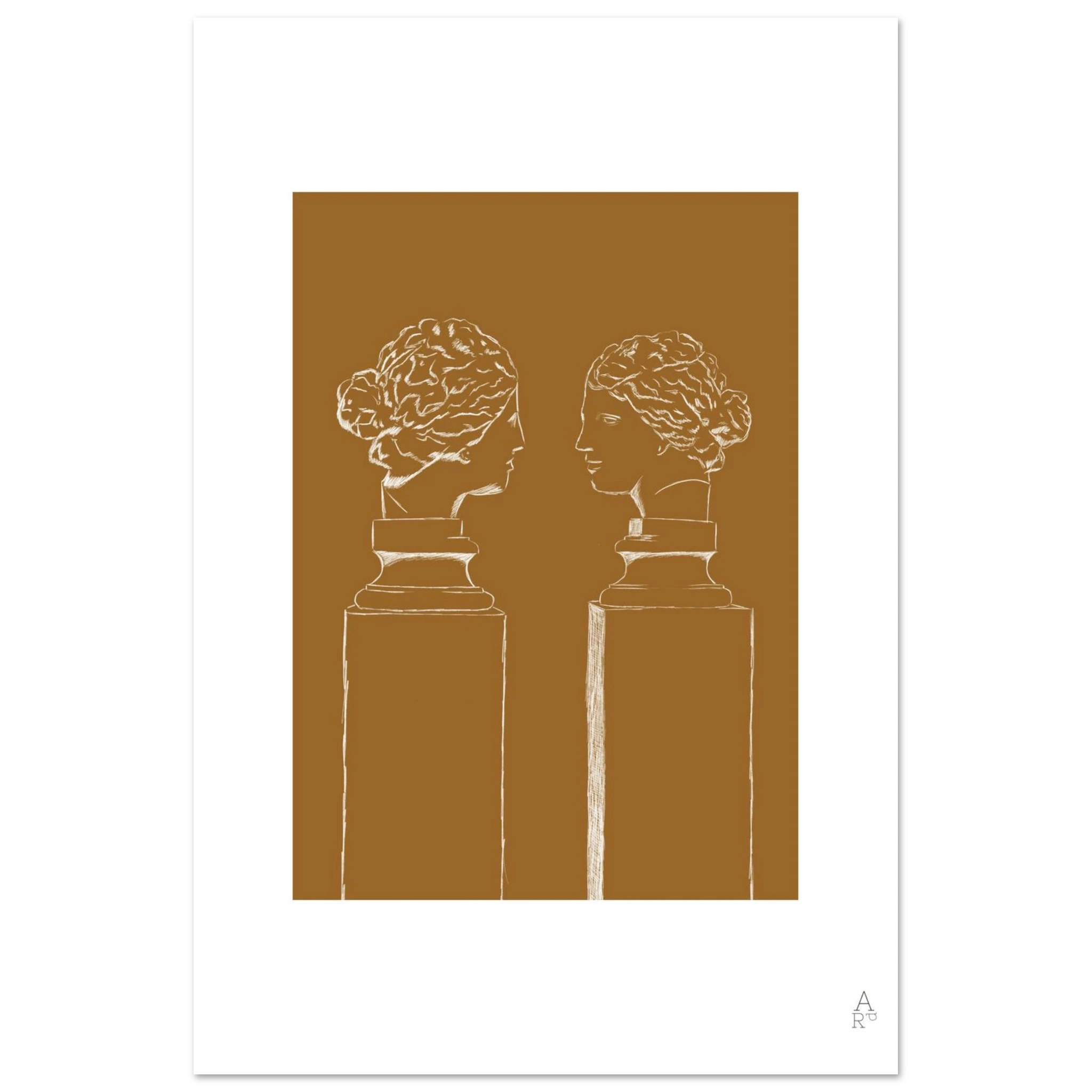 Affiche d’art mural double buste crayon blanc sur fond camel  — idéale pour sublimer votre intérieur