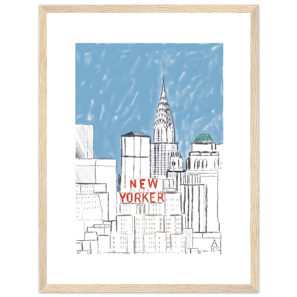 Affiche encadrée New Yorker bulding— Œuvre originale encadrée

par Aude de Riberolles

Cette illustration d’Aude de Riberolles offre une vue stylisée de New York, mettant en avant plusieurs gratte-ciel emblématiques. Les traits sont simples et épurés, agrémentés de touches de couleur subtiles — un ciel bleu doux et le texte “NEW YORKER” en rouge qui attire immédiatement l’attention. Le résultat évoque un effet graphique et minimaliste, proche d’un croquis urbain ou d’un carnet de voyage.