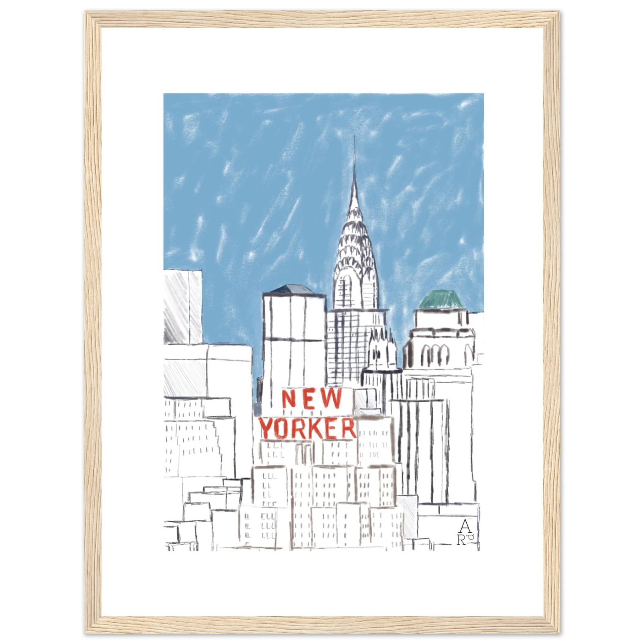 Affiche encadrée New Yorker bulding— Œuvre originale encadrée

par Aude de Riberolles

Cette illustration d’Aude de Riberolles offre une vue stylisée de New York, mettant en avant plusieurs gratte-ciel emblématiques. Les traits sont simples et épurés, agrémentés de touches de couleur subtiles — un ciel bleu doux et le texte “NEW YORKER” en rouge qui attire immédiatement l’attention. Le résultat évoque un effet graphique et minimaliste, proche d’un croquis urbain ou d’un carnet de voyage.