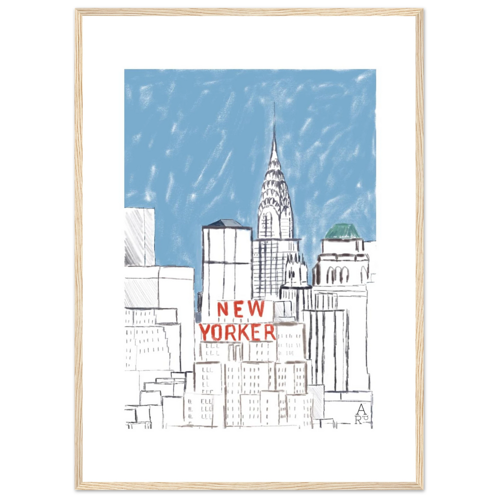 Affiche encadrée New Yorker bulding— Œuvre originale encadrée

par Aude de Riberolles

Cette illustration d’Aude de Riberolles offre une vue stylisée de New York, mettant en avant plusieurs gratte-ciel emblématiques. Les traits sont simples et épurés, agrémentés de touches de couleur subtiles — un ciel bleu doux et le texte “NEW YORKER” en rouge qui attire immédiatement l’attention. Le résultat évoque un effet graphique et minimaliste, proche d’un croquis urbain ou d’un carnet de voyage.