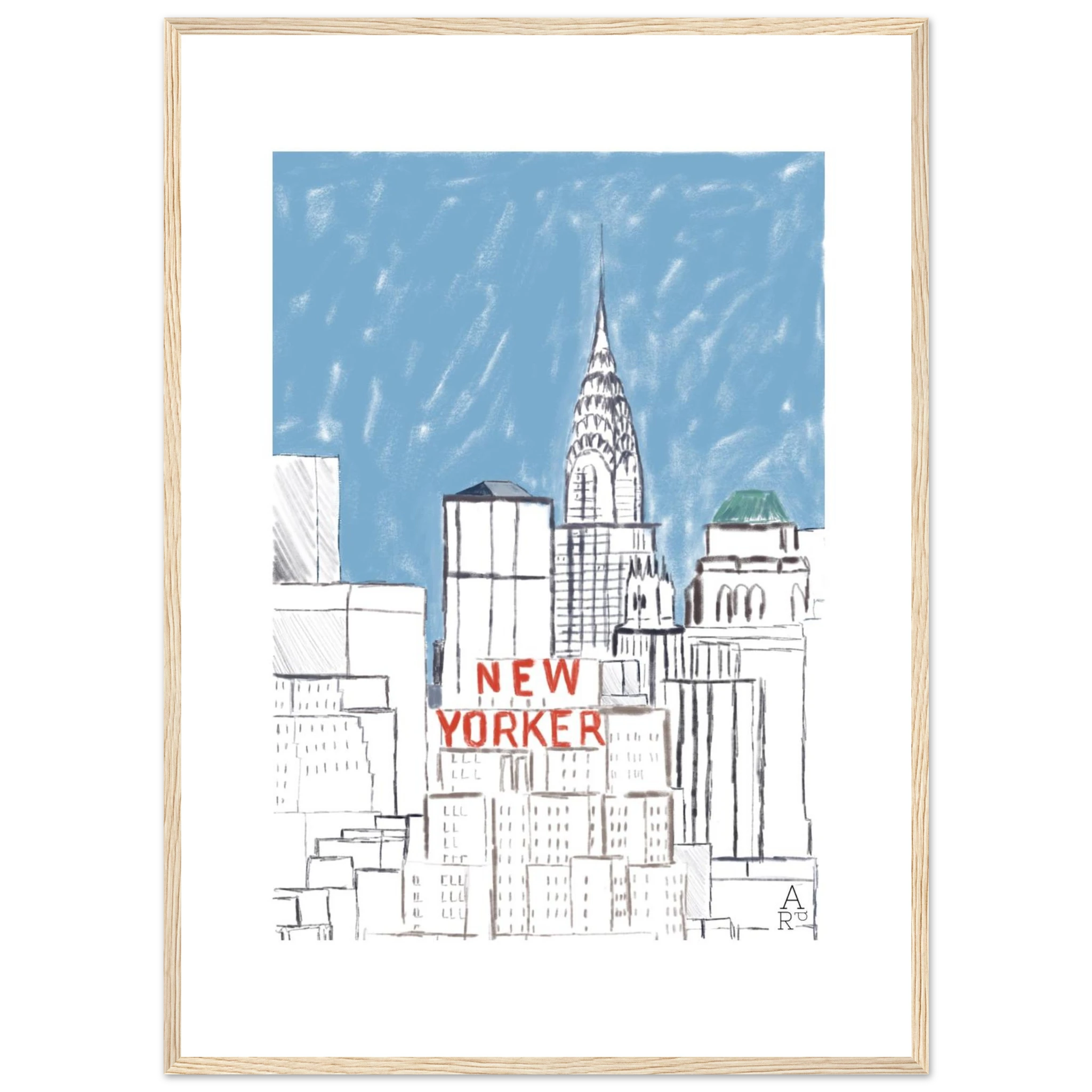 Affiche encadrée New Yorker bulding— Œuvre originale encadrée

par Aude de Riberolles

Cette illustration d’Aude de Riberolles offre une vue stylisée de New York, mettant en avant plusieurs gratte-ciel emblématiques. Les traits sont simples et épurés, agrémentés de touches de couleur subtiles — un ciel bleu doux et le texte “NEW YORKER” en rouge qui attire immédiatement l’attention. Le résultat évoque un effet graphique et minimaliste, proche d’un croquis urbain ou d’un carnet de voyage.