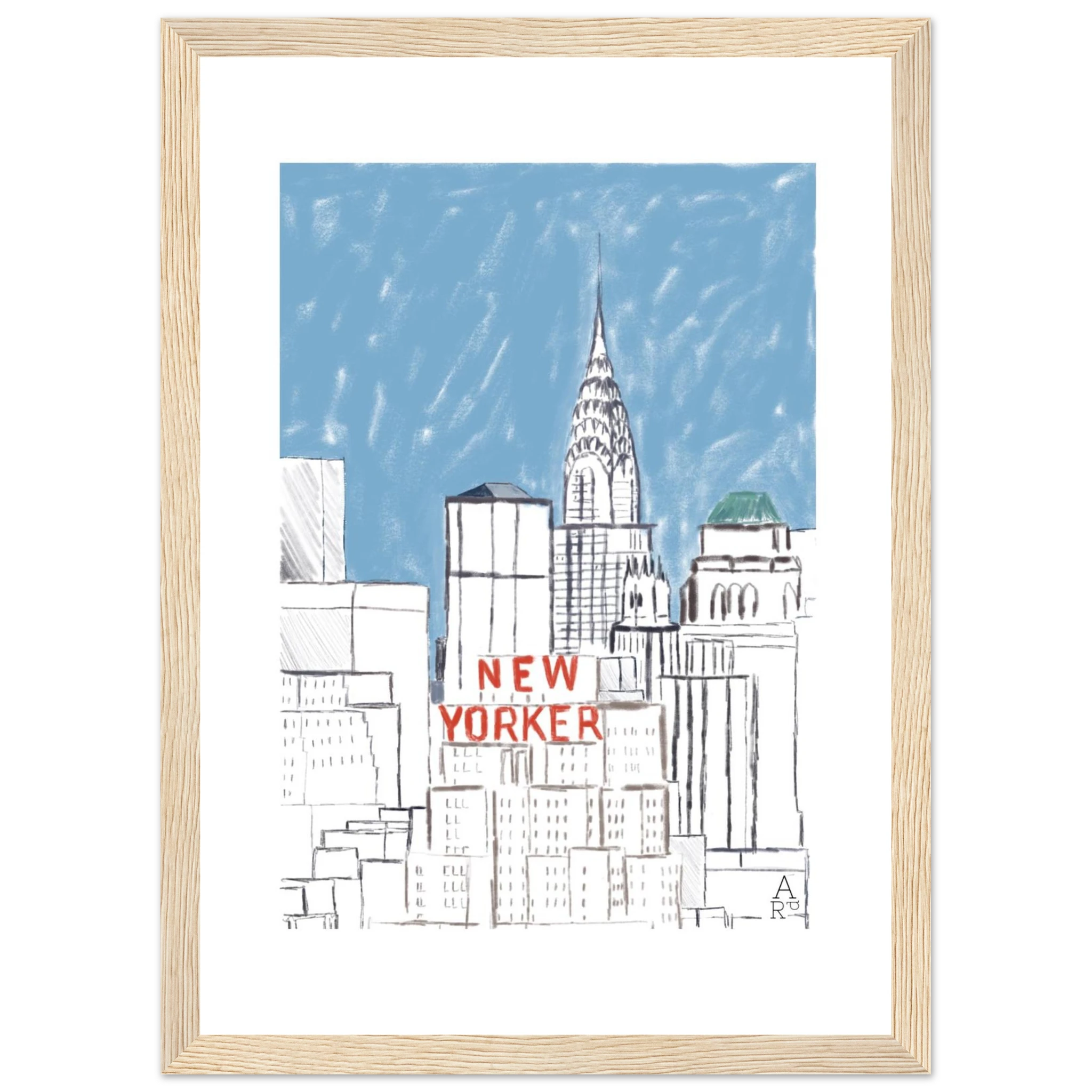 Affiche encadrée New Yorker bulding— Œuvre originale encadrée

par Aude de Riberolles

Cette illustration d’Aude de Riberolles offre une vue stylisée de New York, mettant en avant plusieurs gratte-ciel emblématiques. Les traits sont simples et épurés, agrémentés de touches de couleur subtiles — un ciel bleu doux et le texte “NEW YORKER” en rouge qui attire immédiatement l’attention. Le résultat évoque un effet graphique et minimaliste, proche d’un croquis urbain ou d’un carnet de voyage.