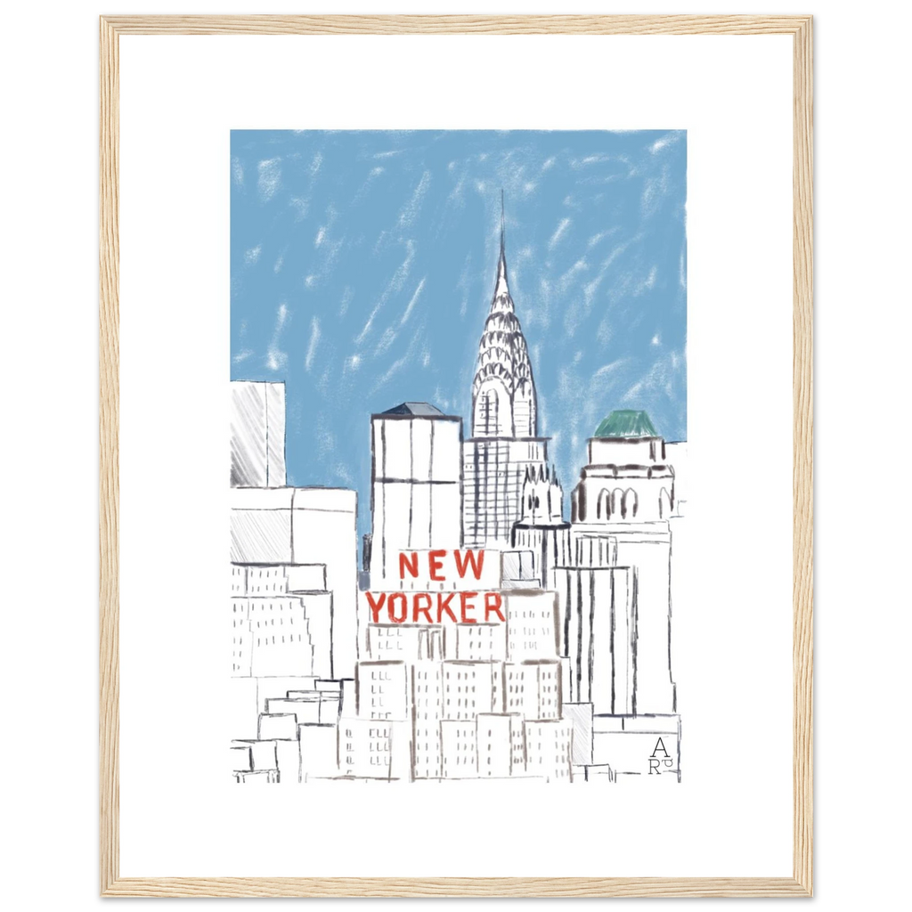 Affiche encadrée New Yorker bulding— Œuvre originale encadrée

par Aude de Riberolles

Cette illustration d’Aude de Riberolles offre une vue stylisée de New York, mettant en avant plusieurs gratte-ciel emblématiques. Les traits sont simples et épurés, agrémentés de touches de couleur subtiles — un ciel bleu doux et le texte “NEW YORKER” en rouge qui attire immédiatement l’attention. Le résultat évoque un effet graphique et minimaliste, proche d’un croquis urbain ou d’un carnet de voyage.