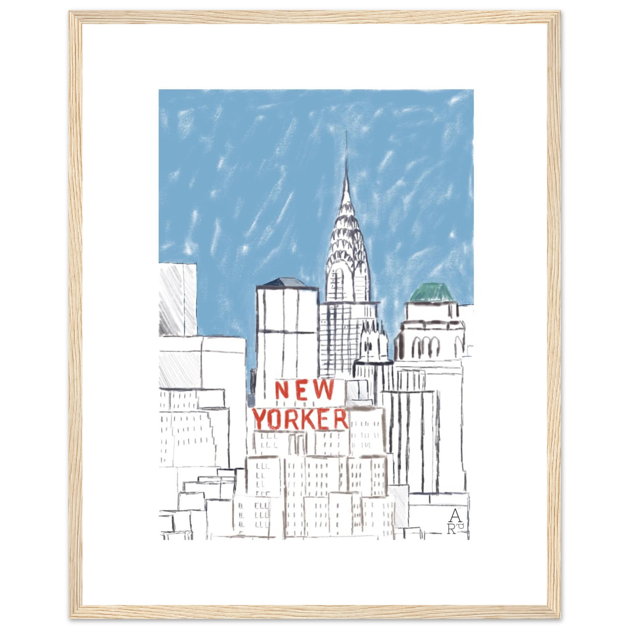 Affiche encadrée New Yorker bulding— Œuvre originale encadrée

par Aude de Riberolles

Cette illustration d’Aude de Riberolles offre une vue stylisée de New York, mettant en avant plusieurs gratte-ciel emblématiques. Les traits sont simples et épurés, agrémentés de touches de couleur subtiles — un ciel bleu doux et le texte “NEW YORKER” en rouge qui attire immédiatement l’attention. Le résultat évoque un effet graphique et minimaliste, proche d’un croquis urbain ou d’un carnet de voyage.