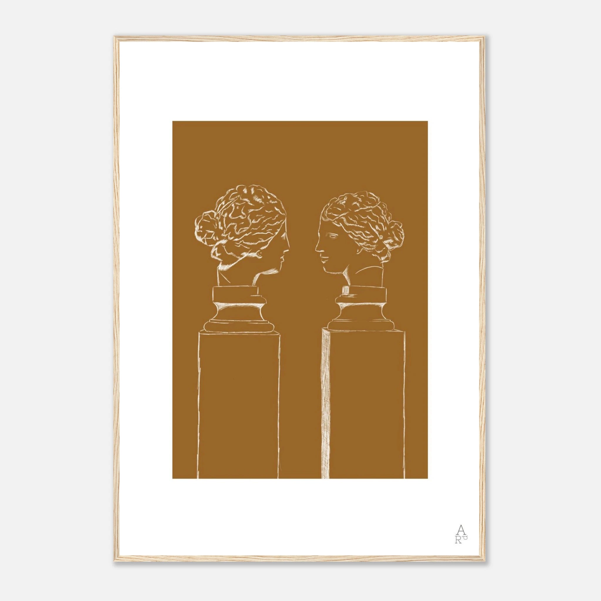 Affiche encadrée d’art mural double buste crayon blanc sur fond camel
