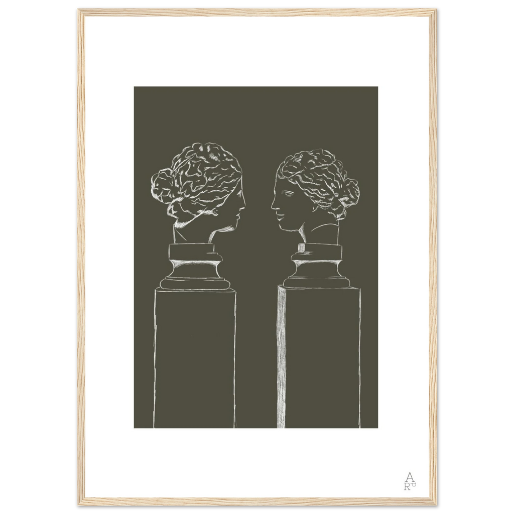 Affiche encadrée d’art mural double buste illustration au crayon blanc sur fond kaki — idéale pour sublimer votre intérieur