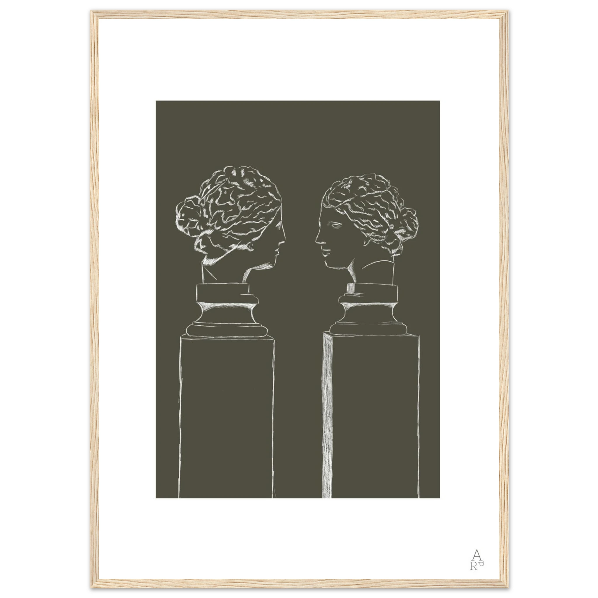 Affiche encadrée d’art mural double buste illustration au crayon blanc sur fond kaki — idéale pour sublimer votre intérieur