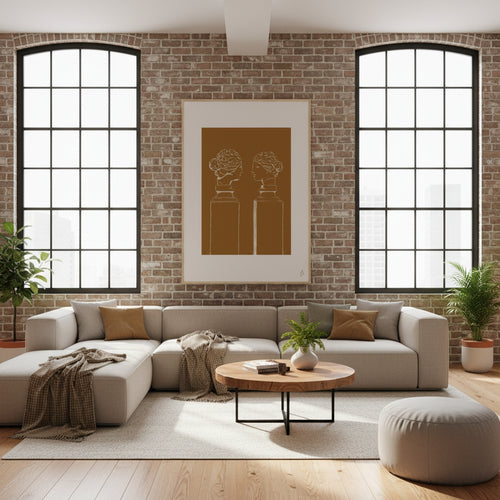 Affiche encadrée d’art mural double buste illustration au crayon blanc sur fond camel — idéale pour sublimer votre intérieur