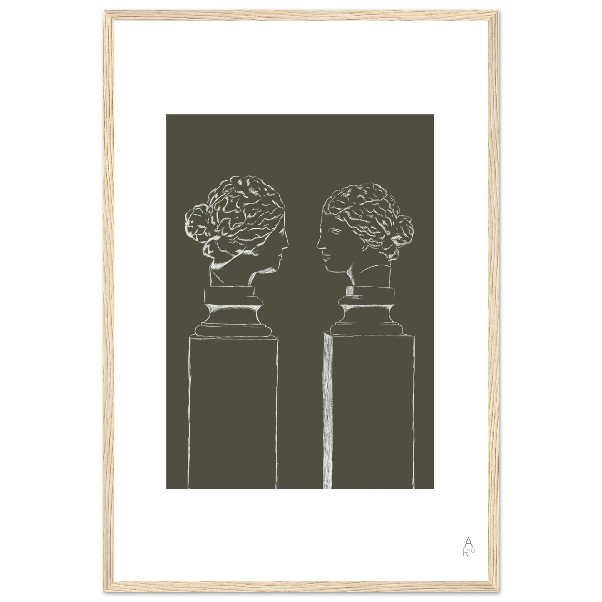 Affiche encadrée d’art mural double buste illustration au crayon