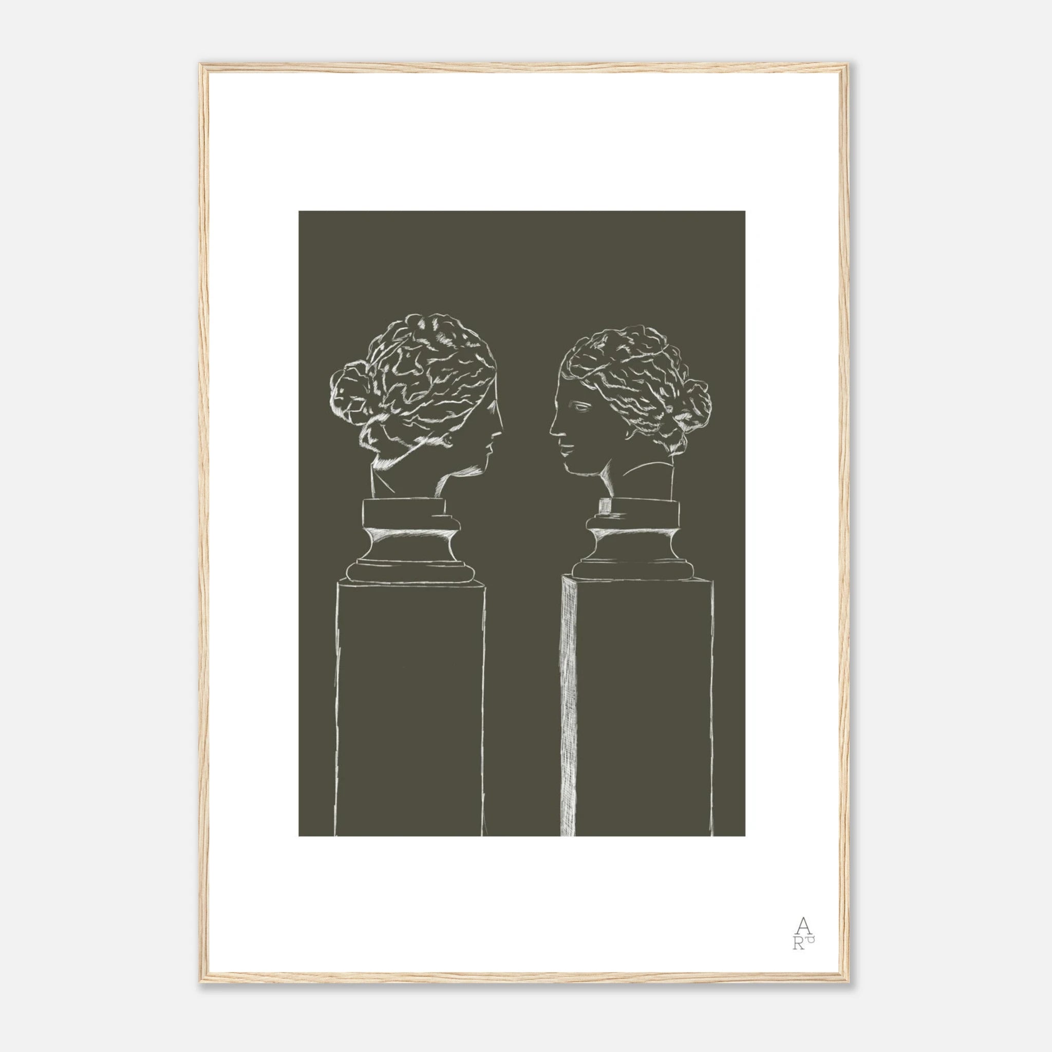 Affiche encadrée d’art mural double buste illustration au crayon blanc sur fond kaki — idéale pour sublimer votre intérieur