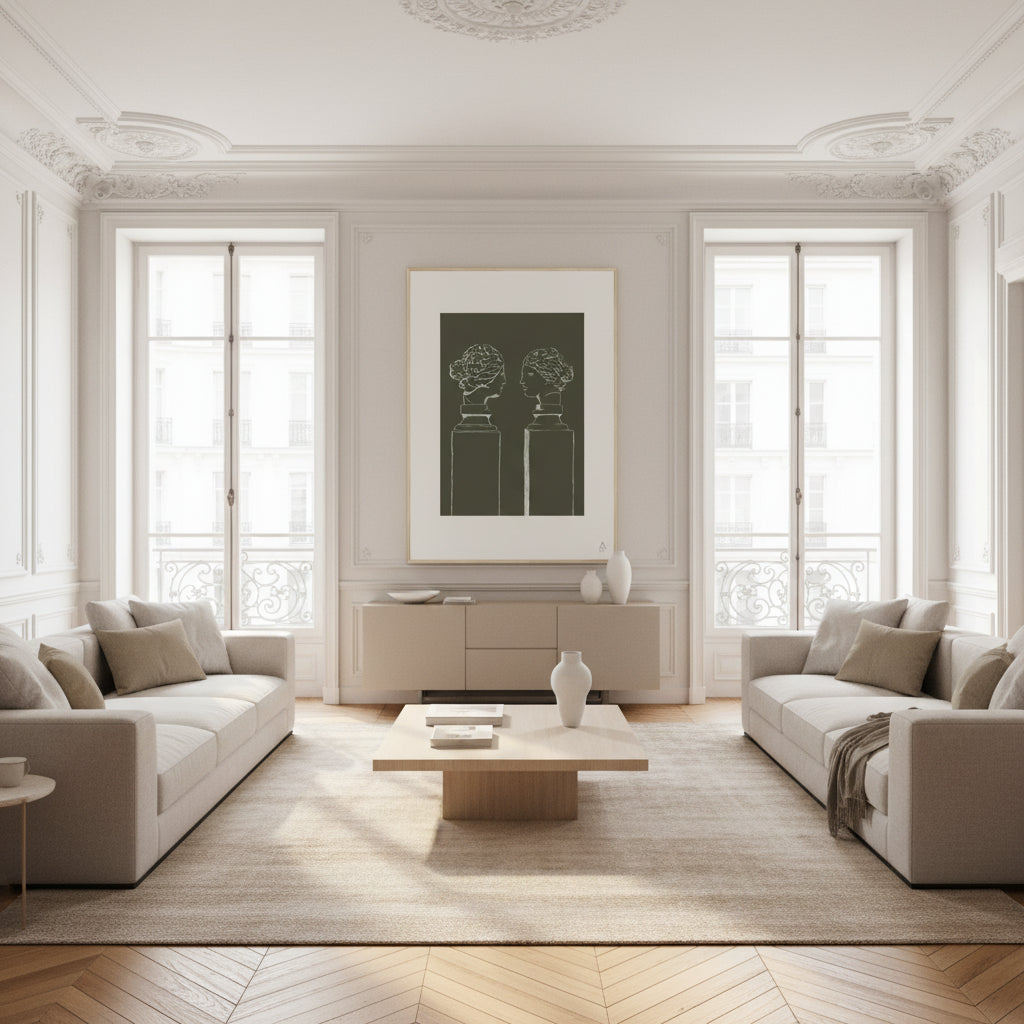 Affiche encadrée d’art mural double buste illustration au crayon blanc sur fond kaki — idéale pour sublimer votre intérieur