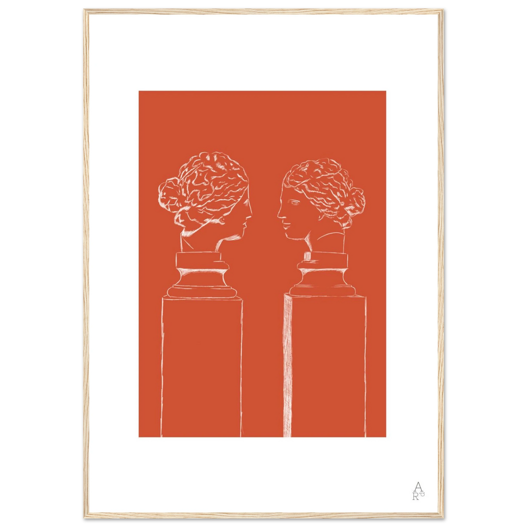 Une affiche encadrée élégante inspirée de la sculpture antique, prête à être accrochée.