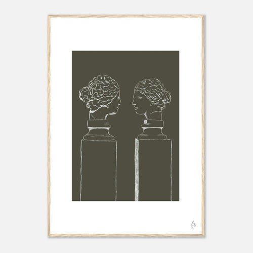Affiche encadrée d’art mural double buste illustration au crayon blanc sur fond kaki — idéale pour sublimer votre intérieur