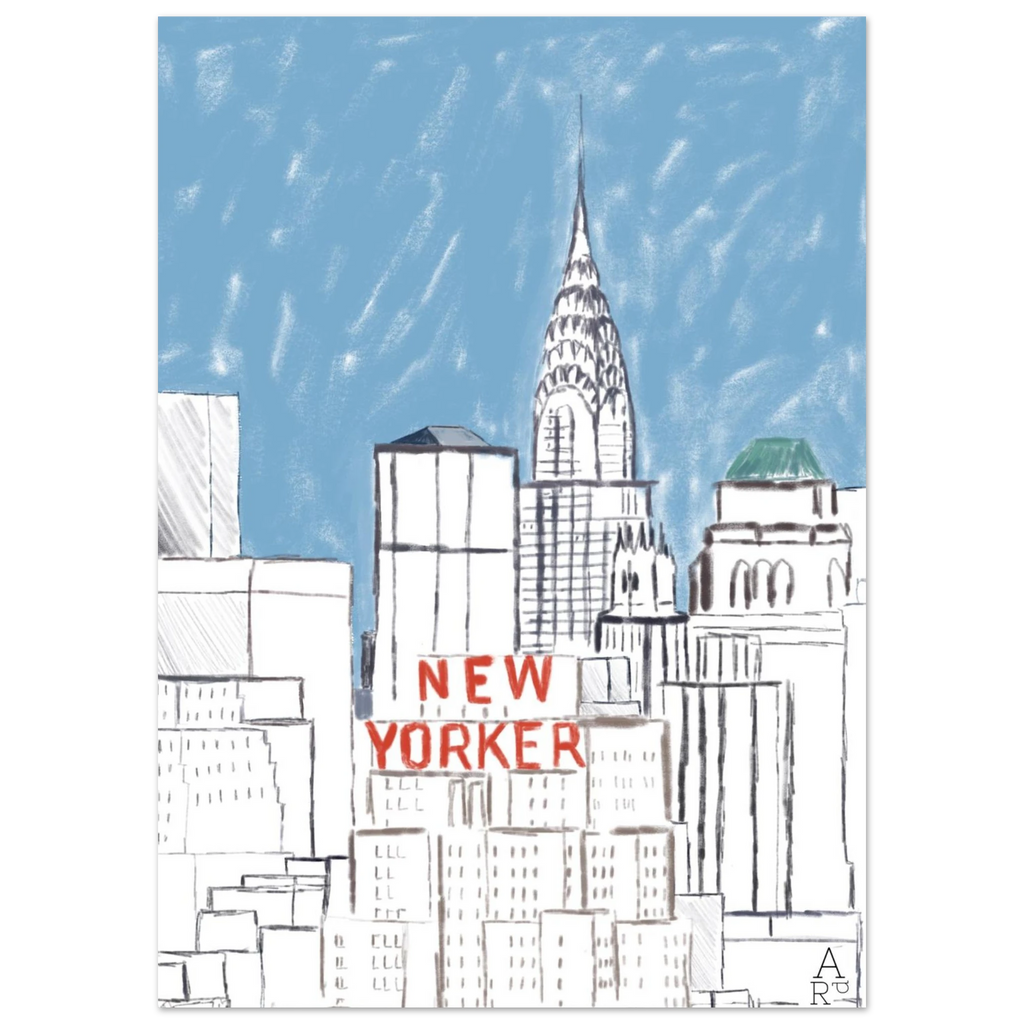 New Yorker bulding - illustration non encadrée

par Aude de Riberolles

Cette illustration d’Aude de Riberolles offre une vue stylisée de New York, mettant en avant plusieurs gratte-ciel emblématiques. Les traits sont simples et épurés, agrémentés de touches de couleur subtiles — un ciel bleu doux et le texte “NEW YORKER” en rouge qui attire immédiatement l’attention. Le résultat évoque un effet graphique et minimaliste, proche d’un croquis urbain ou d’un carnet de voyage, invitant l’observateur à explorer 