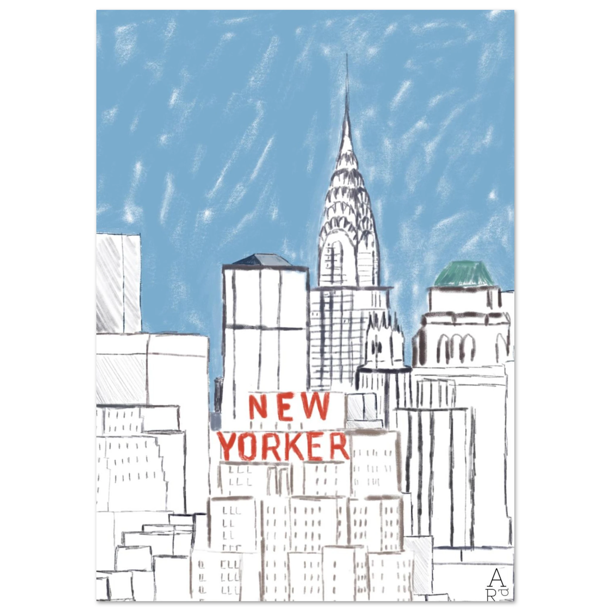 New Yorker bulding - illustration non encadrée

par Aude de Riberolles

Cette illustration d’Aude de Riberolles offre une vue stylisée de New York, mettant en avant plusieurs gratte-ciel emblématiques. Les traits sont simples et épurés, agrémentés de touches de couleur subtiles — un ciel bleu doux et le texte “NEW YORKER” en rouge qui attire immédiatement l’attention. Le résultat évoque un effet graphique et minimaliste, proche d’un croquis urbain ou d’un carnet de voyage, invitant l’observateur à explorer 