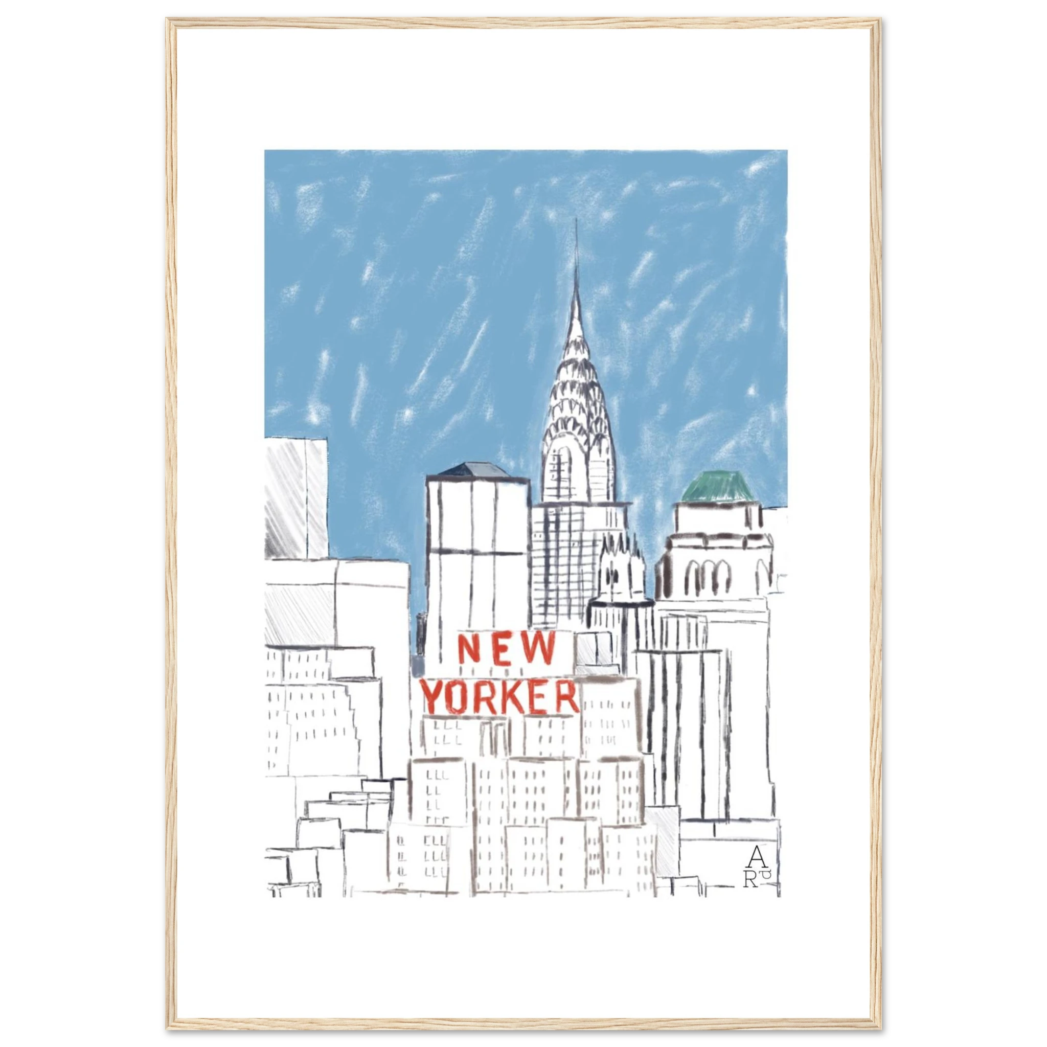 Affiche encadrée New Yorker bulding— Œuvre originale encadrée

par Aude de Riberolles

Cette illustration d’Aude de Riberolles offre une vue stylisée de New York, mettant en avant plusieurs gratte-ciel emblématiques. Les traits sont simples et épurés, agrémentés de touches de couleur subtiles — un ciel bleu doux et le texte “NEW YORKER” en rouge qui attire immédiatement l’attention. Le résultat évoque un effet graphique et minimaliste, proche d’un croquis urbain ou d’un carnet de voyage.
