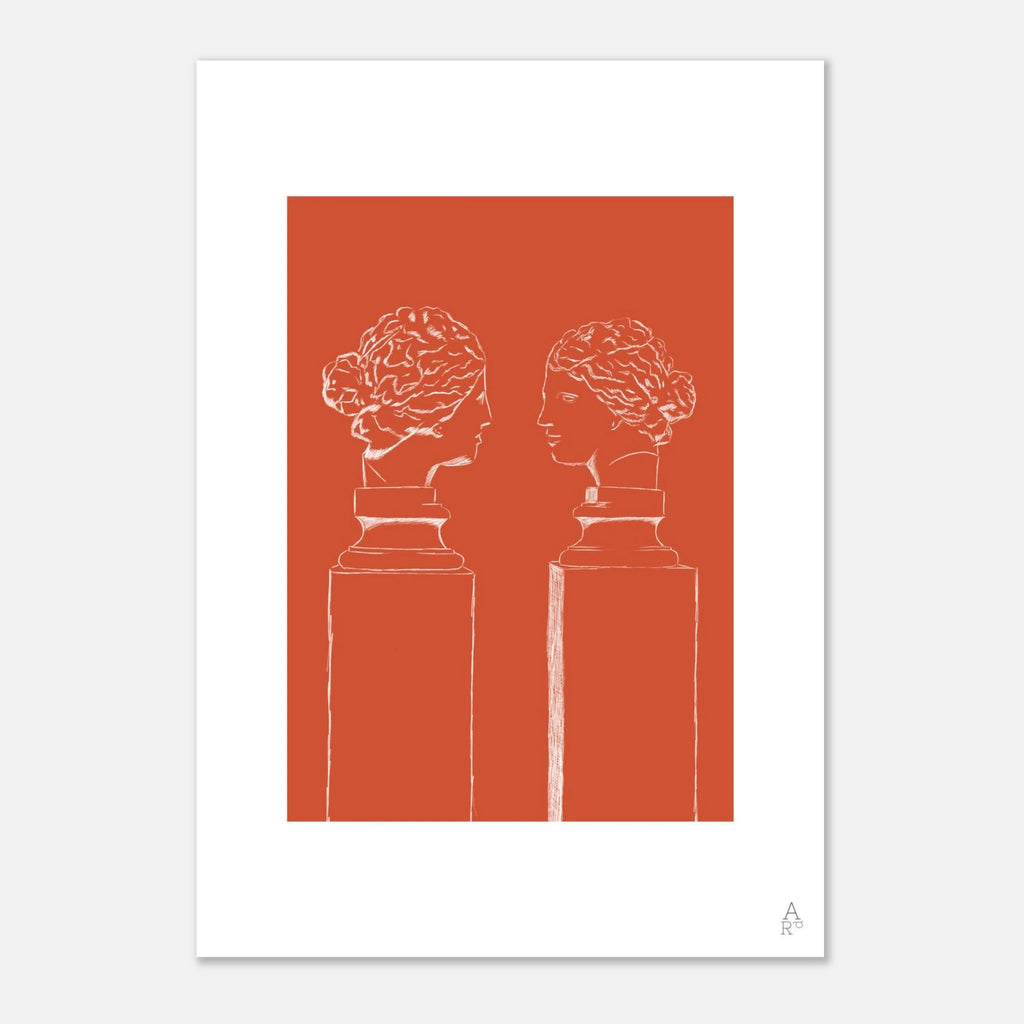 Une affiche artistique au fond orange intense qui apporte une touche graphique et lumineuse à la décoration.