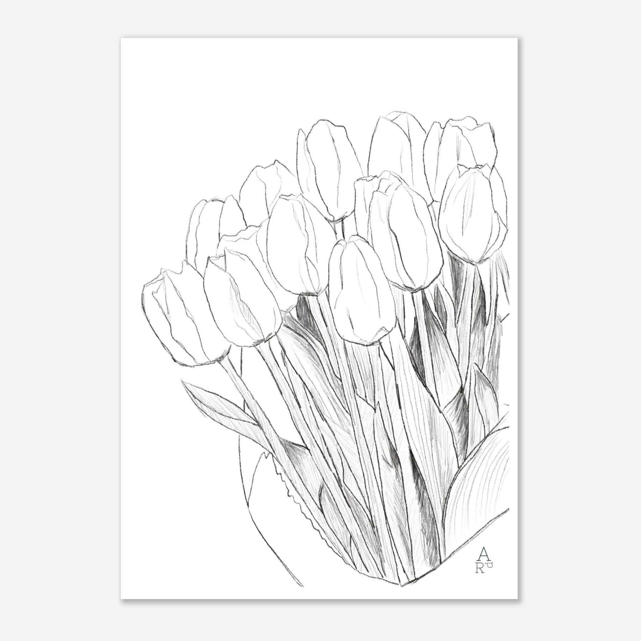 Tulip bouquet — illustration originale au crayon, décoration, art mural