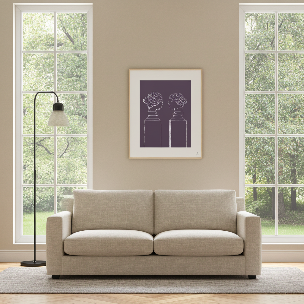 Affiche encadrée Double buste violet, illustration artistique sur impression de qualité, décoration moderne pour intérieur.
