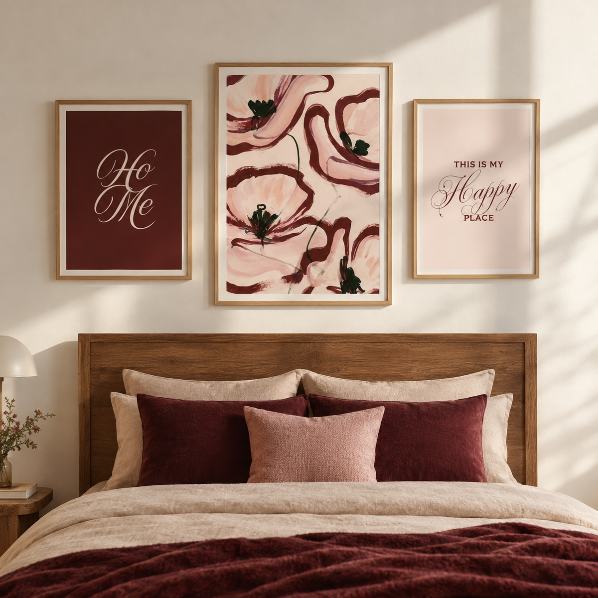 Chambre chaleureuse décorée d'affiches fleurs abstraites et typographie bordeaux – ADR Gallery