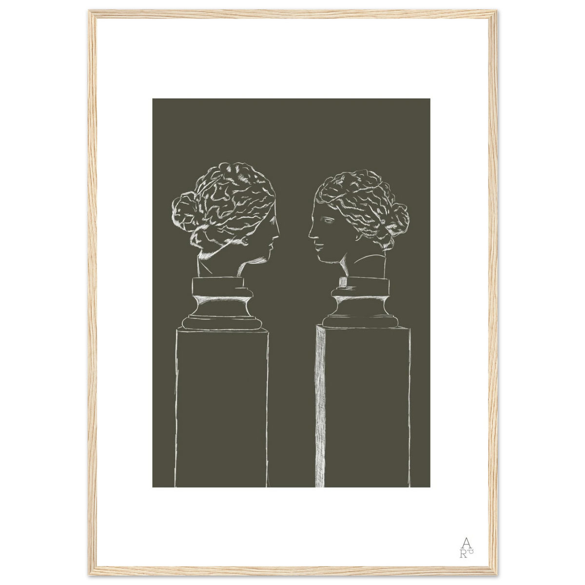 Double buste kaki en cadre bois, tons blanc et kaki – ADR Gallery