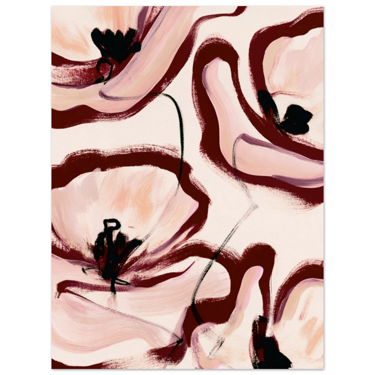 Grande peinture fleurs abstraites rose poudré bordeaux dans un intérieur, affiche – ADR Gallery