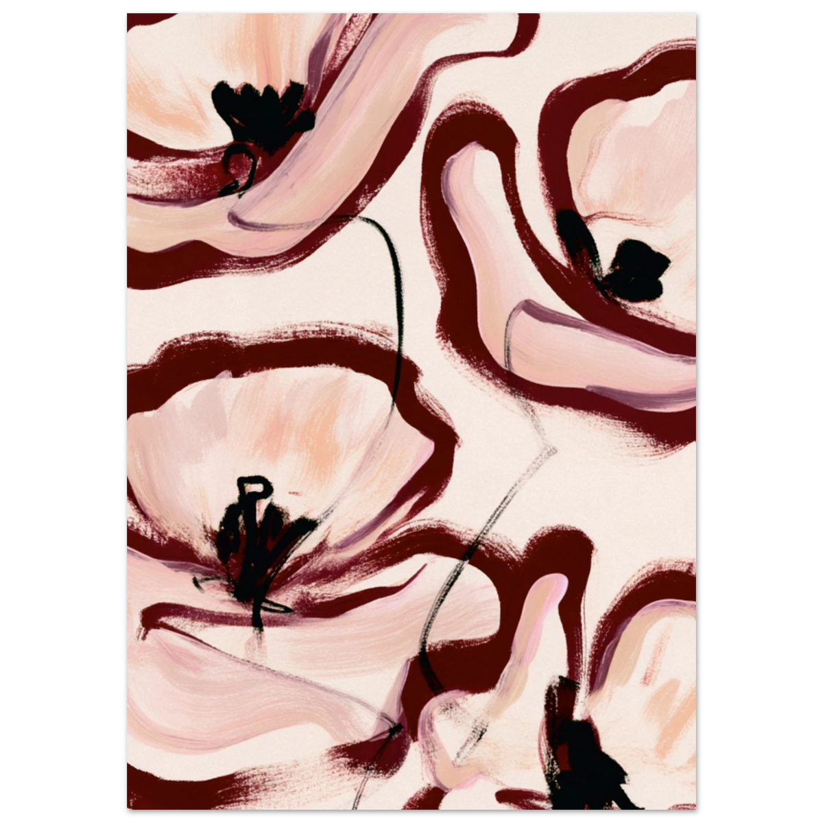 Grande peinture fleurs abstraites rose poudré bordeaux, affiche sur papier mat premium – ADR Gallery