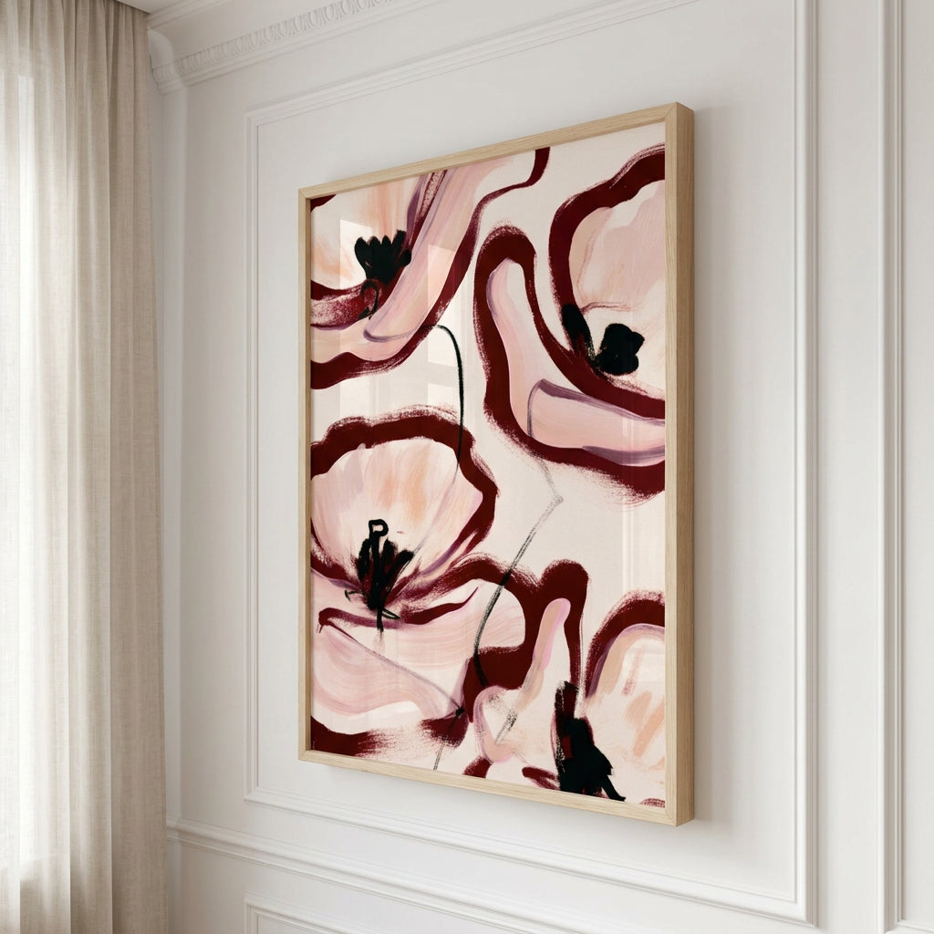 Affiche encadrée Grande peinture fleurs abstraites rose poudré bordeaux en décoration murale – ADR Gallery